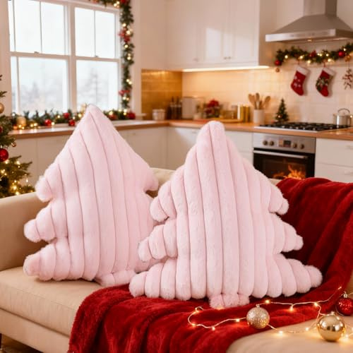 Lanpn 2 Stück Weihnachtsbaum Kissen Weihnachtskissen, Breite Streifen Weihnachts Kissen Dekokissen Flauschiges Zierkissen für Party Bett Sofa Couch Innenbereich Weihnachtsdeko (Rosa, 45,5x40,5cm)