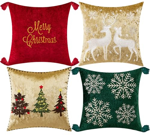 VEEKAY Weihnachten Kissenbezug,4er Set Weihnachtsdeko Kissenhülle 45x45cm,Samt Dekorative Zierkissenbezüge,Dekokissen Weihnachtskissenbezug für Sofa Couch Schlafzimmer Wohnzimmer
