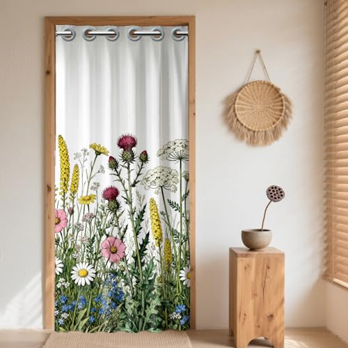 CHGCRAFT Türvorhang für Türöffnung Vintage Blumen Türvorhang Raumteiler Vorhänge mit Kunststoffringen Faltvorhänge (200×100, Retro Wildblumen)