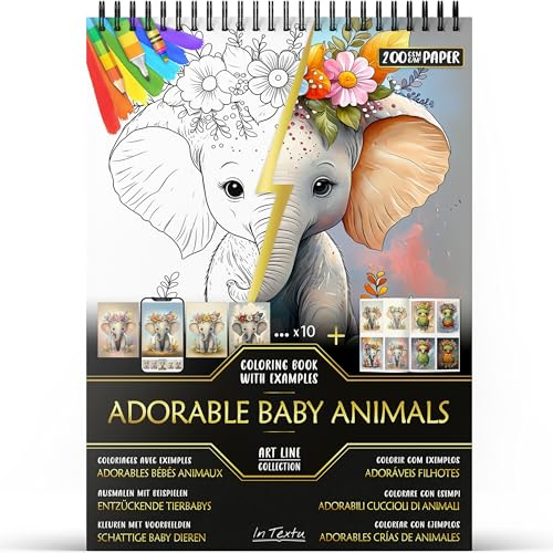 In Textu Livre de Coloriage Adulte Adorables Bébés Animaux, Papier 200 g/m² | Reliure spirale, A4, qualité premium, 30 dessins, 300 modèles couleur, pour crayons et marqueurs Acrylique|Alcool|Eau