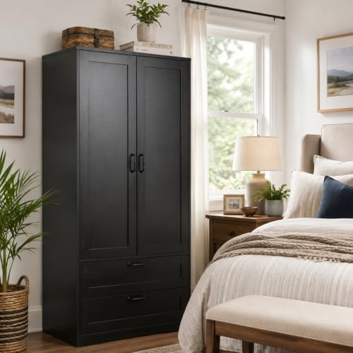 Gdchanyiyi Wardrobes For Bedroom, Black Wardrobe with 2 Doors and 2 Drawers, Bedroom Wardrobes with Soft Close Hinges and Hanging Rail, Large Storage Space