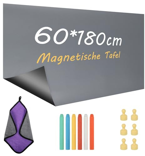 Tafelfolie Magnetisch Selbstklebend, 60 x 180cm Magnetfolie, Abwischbar Kreidefolie, Magnettafel Folie mit 6 Kreide, Tuche, 6 Magneten für Zuhause Büro Schule, DIY Wand Kreidetafel (Grau)