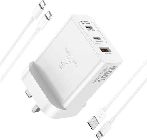 USB C Plug,3-Port Multi USB Plug UK Fast Charger 85W MAX with Cable Set