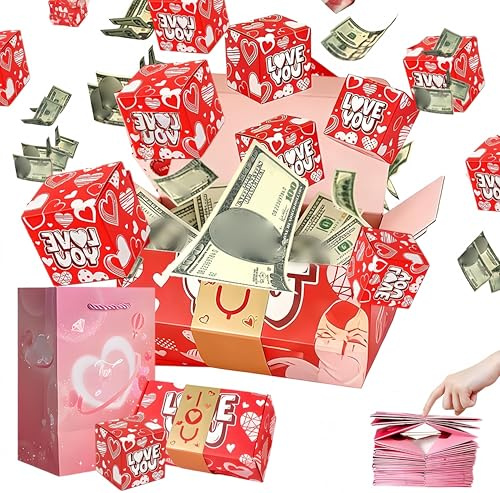 Explosion Geschenkbox für Geld - DIY Pop Up Überraschungsbox mit Konfetti & Geschenktüte - Lustige Geldbombenbox für Geburtstag, Valentinstag, Jahrestag - Faltbare Bounce Foto Memory Case (10 Stück