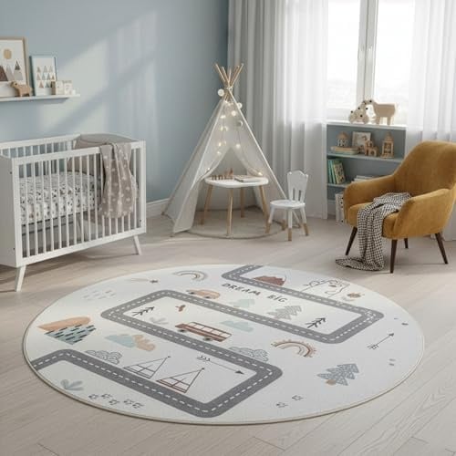 SIMPEX Kinderteppich Straße Spielteppich rund 200 cm für Kinderzimmer in Creme mit Fahrzeug und Natur Motiv ideal für große Spielflächen