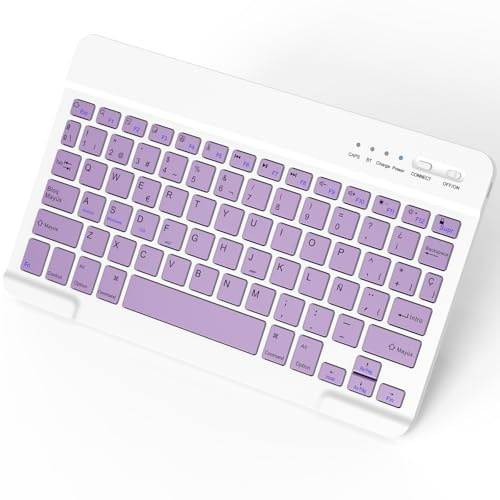 NEWCOO Teclado Bluetooth Español, Teclado Recargable USB-C, Diseño QWERTY Español Ñ Teclado inalámbrico Bluetooth para iPhone de iOS, iPad, iPhone, Samsung, Lenovo, Huawei, Android,Windows,Luz Púrpura