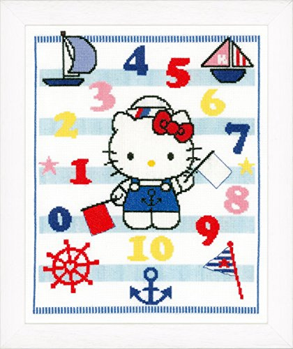 Vervaco Gezählter Kreuzstich Stickpackungen DIY Stickbilder Hello Kitty Zählen mit Kitty Wanddekoration Handarbeit Set für Erwachsene Kreatives Handwerk ca. 28 x 35 cm Kreuzstichbilder Set Hausdeko