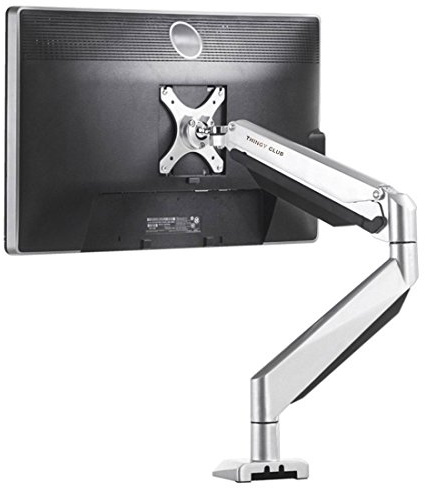 ThingyClub Gas Powered Fully Adjustable Single Arm LCD LED Monitor Desk Mount Bracket Stand For 10-27 Screens with 45° Tilt & 180° Swivel + (USB | Headphone | Microphone) Extension Sockets