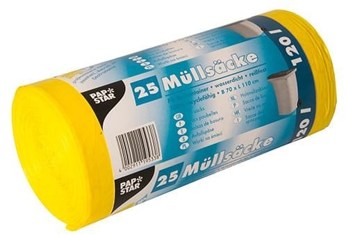 1 cartón Papstar=20 x 25 bolsas de basura, HDPE 120 l 110 cm x 70 cm amarillo 19533