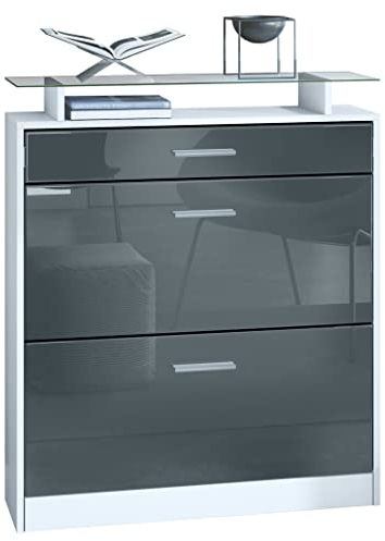 Vladon Schuhschrank Loret 89 x 104 x 23 cm Schuhkipper für 16 Paar Schuhe mit 1 Schublade, 1 Glasablage, Farben Weiß matt & Grau Hochglanz