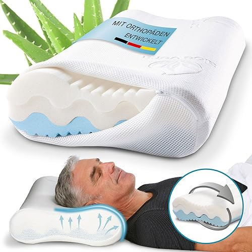 ELONEO Nackenstützkissen individueller Härtegrad 4-fache Höhenanpassung 3D-Abstandsgewebe, Kopfkissen mit Memory Foam inkl. Aloe Vera Klima-Bezug 50 x 35 cm, Viskoschaum