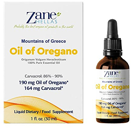 Zane Hellas 190 mg Oregano Oil-164 mg Carvacrol per Serving-4 Drops Daily. 100% Greek Undiluted Oil of Oregano. 86%-90% Min Carvacrol. Probably The Best Oregano Oil in The World. 1 fl. oz.-30ml.