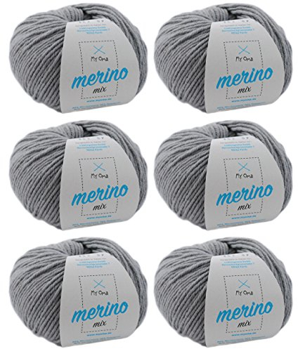 MyOma Merino Mix Wolle zum Häkeln und Stricken - Kiesel (Fb 302) - 6 Knäuel Grau - 50g/120m - Weiche Mischwolle + GRATIS Label