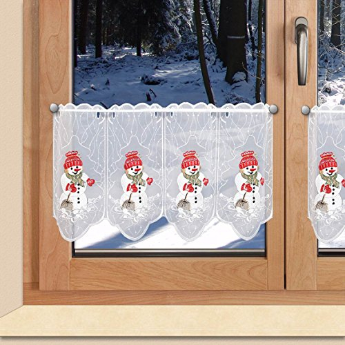 SeGaTeX home fashion Weihnachts-Scheibengardine Kleiner Schneemann mit Besen Wintergardine Plauener Stickerei