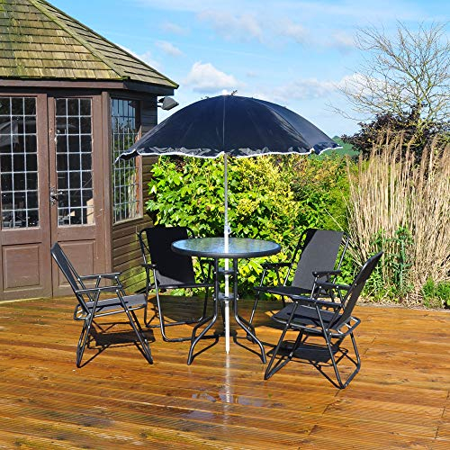 Kingfisher Juego de Comedor de Patio de 6 Piezas - Muebles de jardín de 4 plazas al Aire Libre con Mesa Superior de Cristal + 4 sillas Plegables + sombrilla para terraza o balcón