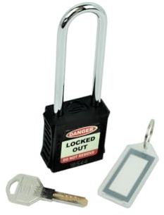 Lockout Long Shackled Padlock, Black, 6 Pin Cylinder For Extra Security, Ribbed Nylon Body For Easy Gripping, Resistant To Chemicals & Corrosion, Supplied With 1 Key & Keyring