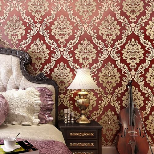 10X0.53M 3D 7 Colors Shiny Crystals European Gold Damask Flock Textured Non-Woven Wallpaper Roll for Bedroom Livingroom 1.73' W x 32.8' L=5.3㎡ (57sq.ft) (Burgundy)