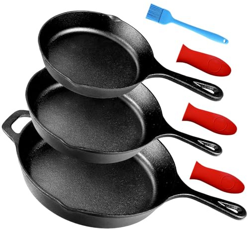 Bratpfannen aus Gusseisen, vorgebrannt, 3 Stück, 15,2 cm, 20,3 cm und 25,4 mit hitzebeständigen Halterungen Ölbürste, für den Innen- Außenbereich geeignet, geeignet Ofen, Grill, Herd, Induktion