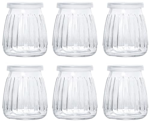 Danmu Art 6 Pcs Yogurt Pudding Glass Storage Jars with Plastic Lids Vertical Pattern Glass Bottles (150ml)