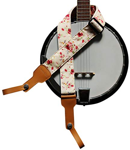 Music First Banjo-Gurt, 5 cm breit, Baumwolle und Echtleder, mit 2 Stück Musik-Frst-Lederriemen Rosa Multiflora Creme