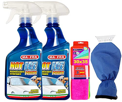 Set 2 Confezioni Mafra, Not Ice Power, Deghiacciante Liquido ad Effetto Immediato, Formato 500ml Insieme Guanto Felpato con RASCHIA Ghiaccio 35CM più 5 Panni Microfibra 30x35cm