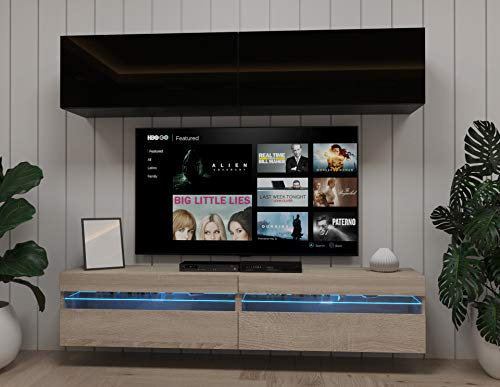 FURNITECH Marco E1 Wohnwand Wandschrank Möbel Wohnzimmer Schrankwand Mediawand mit Led Beleuchtung (EX1-20BS-HGM7, LED blau)