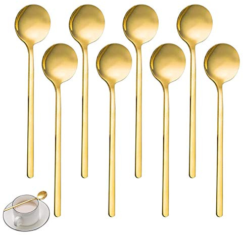 HUYIWEI Goldener Runder Kopflöffel,8 Stück Kaffeelöffel,Goldener Edelstahllöffel,13 cm Haushaltsstahllöffel,Geeignet Für Kaffee,Zucker,Dessert,EIS, Suppe,Mokka-Löffel