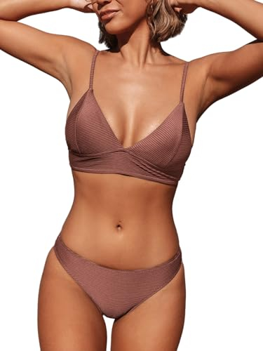 CUPSHE Damen Bikini Set Triangel Bikini Bademode Low Rise Brazilian Gerippter Zweiteiliger Badeanzug Swimsuit Ziegelrot M