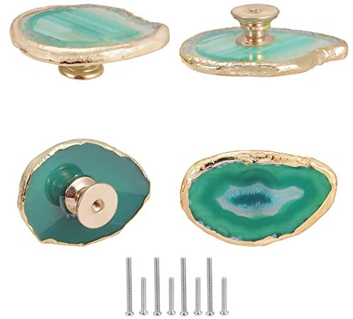 Malimali Schrankknöpfe aus grünem Achat, 4 Stück, goldene Kommodenknöpfe für Schränke und Schubladen