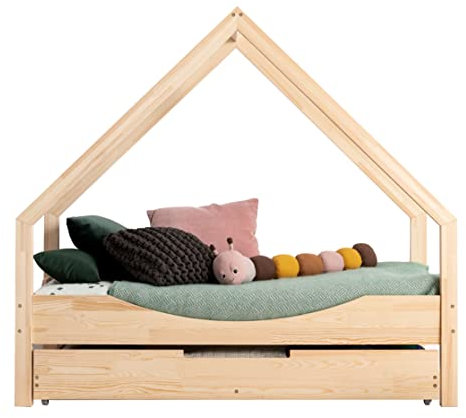 ahoj baby Hausbett mit Schublade für Kinder, Montessori-Hausbett, solides handgefertigtes Bett für Kleinkinder, Kinderbett, Bettrahmen, Cottage-Bett, Kleinkinderbett (70x180)