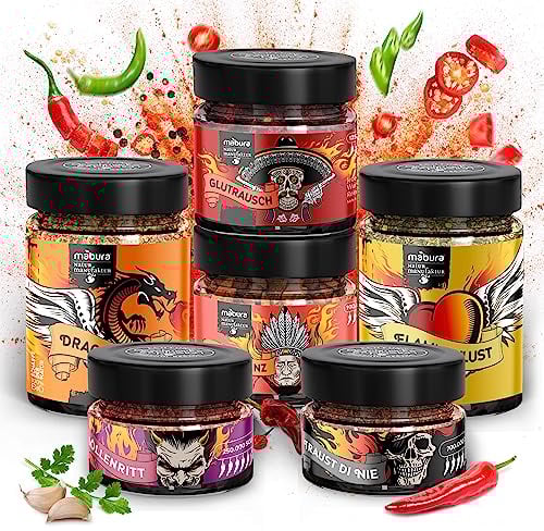 Chili Geschenkset - Chilli Gewürz bis 700.000 Scoville - Chilli Geschenkset für Scharfschmecker - 6 verschiedene Chili Gewürz
