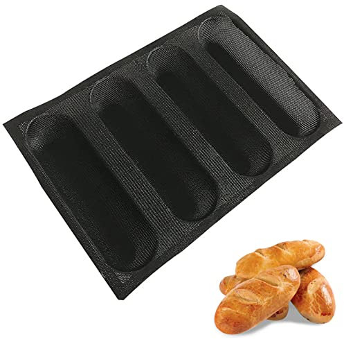 Baguette Backform, Antihaft Silikon BröTchen Backform, 4 Hohlräum Baguette-backblech, Silikon Glasfaser Baguetteblech (25.4 x 38 x 3 cm)