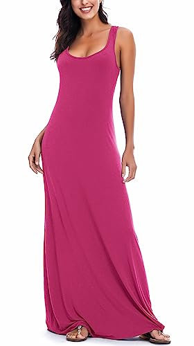 EXCHIC Femmes Casual Solide sans Manches Maxi Robe Longue D'été Sexy Plage Débardeur Robe (XL, Rose Rouge)