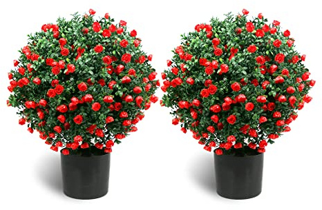 Sunnyglade 21.6” Tall Artificial Rose Topiary Ball Tree Set of 2 Pack Potted Bushes UV Resistant Potted Plants for Indoor Outdoor Home Garden(Red)