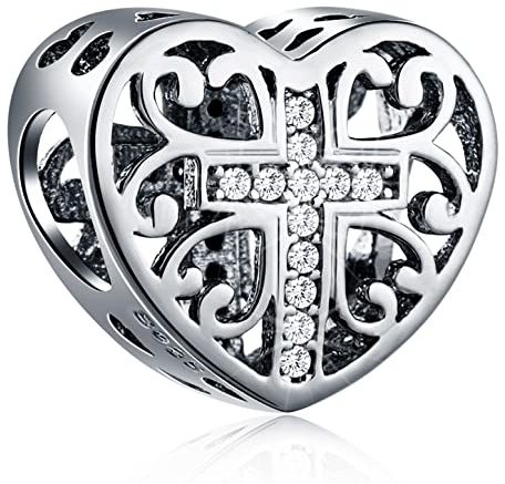 Funkelndes Kreuz im Herzen Charms passen Pandora Christlich Armband, 925 Sterling Silber Religiös Glaube Cross Charms Openwork Gebet Perlen, Geschenke für ersten Muttertag/Geburtstag/Nana
