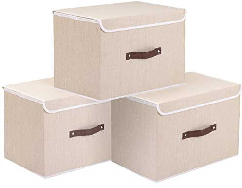 OUTBROS Aufbewahrungskörbe mit Deckel, 33 x 23 x 20 cm,3 Stück regalkörbe, Aufbewahrungsboxe, stoffboxen aufbewahrung für Kleidung,Beige ST02BEM3