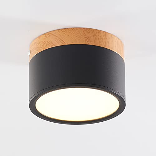Schindora Plafonnier LED,spot en saillie décor bois,mini plafonnier,rond,noir,blanc froid 6000 K,12 W.