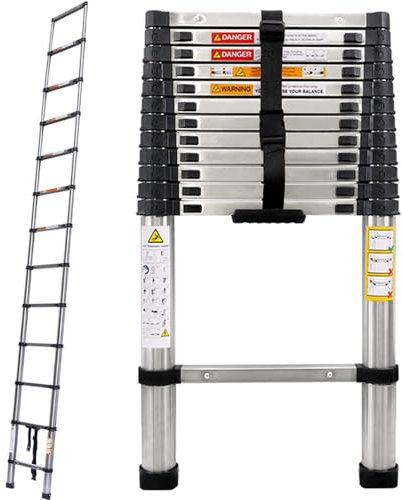 Portable Telescopic Extension Ladder Folding Step Multi-Use Non-Slip Ladders DIY Stainless Steel Ladder EN131 Safe Standard 330 LB Load Capacity (3.8m/12.5ft)