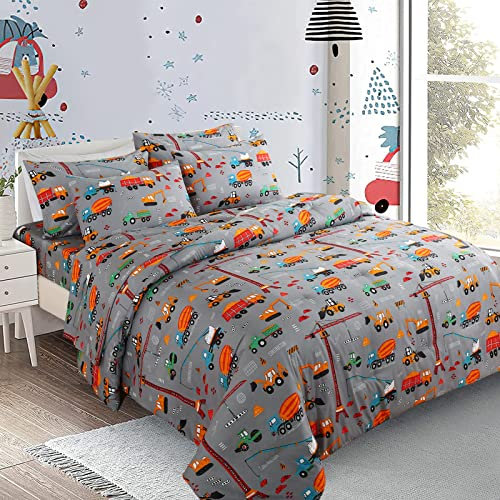 HollyHOME 7-teiliges Auto-Bett in einer Tasche, LKW, Traktor, Bagger, Unterbau-Fahrzeugdruck, Bettwäsche-Set, weiche Mikrofaser, Bettwäsche, Full/Queensize, Grau