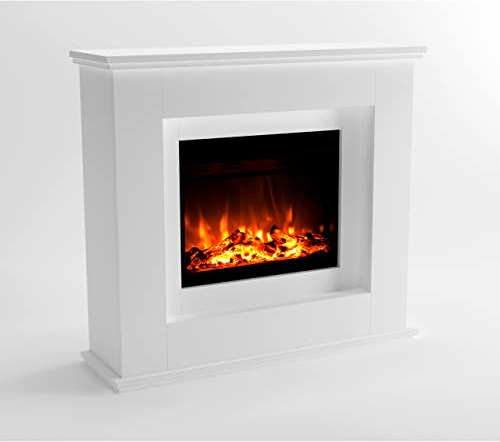GLOW FIRE Elektrokamin mit Heizung und Kaminfeuer (Standkamin Europa) - elektrischer Kamin mit LED-Feuer in 3 Farben, Heizlüfter, Holz-Deko & Fernbedienung, 111x101x33 cm, Weiß