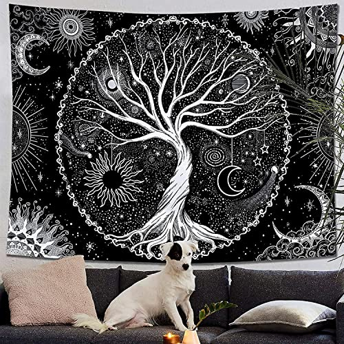 Arawat Wandteppich Baum des Lebens Wandtuch Lebensbaum Mond Sonne Wandteppich Schwarz Weiß Wanddeko Teppich Gothic Wandteppiche Tapestry Wandbehang Boho Wand Deko (150 x 130cm)