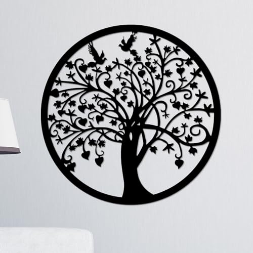 Metal Tree of Life Hanging Wall Art Decoration 30x30cm Openwork Sculpture Ornament, Outdoor Tree Life Silhouette Round Plaque Decor for Living Room, Hallway, Fence, Garden