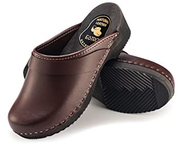 ESTRO CDL07 Women's Clogs Wooden Leather Clogs Men's Women's Clogs Leather Wooden Clogs with Non-Slip Sole, brown, 13 UK