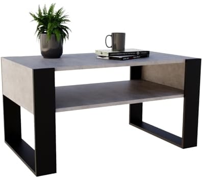 CraftPAK Wohnzimmer Tisch für Couch aus hochwertigem Holzwerkstoff, moderner Couchtisch mit zusätzlicher Ablagefläche, Sofatisch für Wohnzimmer, Farbe Beton Schwarz