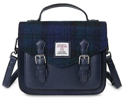 Islander® The Calton Satchel Damen-Umhängetasche mit Harris-Tweed, Größe S und M, schwarz/schottenmuster