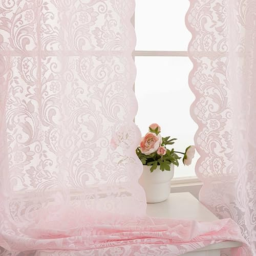 2x rosa Spitzenvorhänge 213 cm lang, transparente Vorhänge mit floralem Stickmuster im Coquette-Stil für Wohnzimmer, Boho-Prinzessinnen-Gardinen in Hellrosa für Kinder- und Babyzimmer, 132 x 213 cm