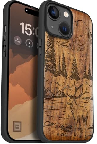 Carveit Holz Handyhülle für iPhone 15 Handyhulle kompatibel mit MagSafe Massivholz für Apple 15 Handyhülle Stoßfeste Stoßstange Weich TPU hulle(Nussbaum-Berge und Hirsche)