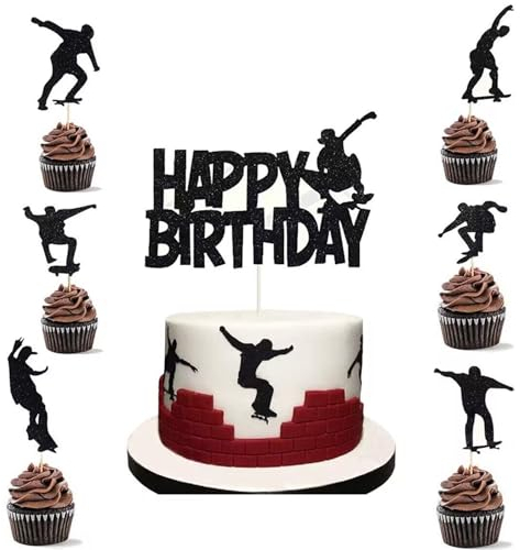 ALEGRE Skatoboard Tortendeko Junge,13 Stück Happy Birthday Kuchen Deko Schwarz,Skatoboard Tortenaufleger Geburtstag Junge Mädchen,Glitzer Cupcake Topper,Extreme Skateboarding Thema Party Deko Zubehör