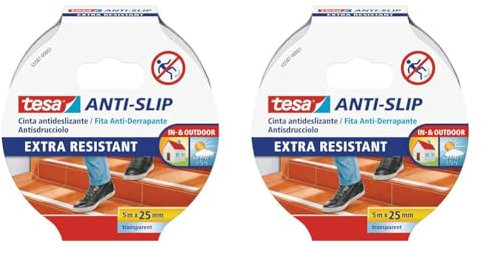 Tesa Nastro Antiscivolo Trasparente, Nastro adesivo antiscivolo per l'uso interno ed esterno, Per scale, rampe, pavimenti lisci o bagnati e barche, 5 m x 25 mm (Confezione da 2)