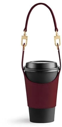 Reusable Leather Coffee Cup Sleeve with Handle - Portable Tea Mug Holder, Protective Drink Carrier, Adjustable Cupholder with Lanyard, PU Cup Cover for Coffee, Tea, Water, Milk (Red)